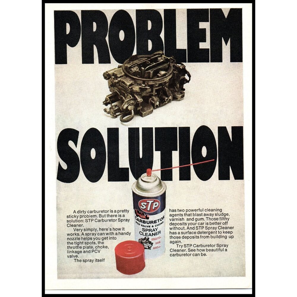 1975 STP Carburetor Cleaner Vintage Print Ad Problem Solution Man Cave Wall Art